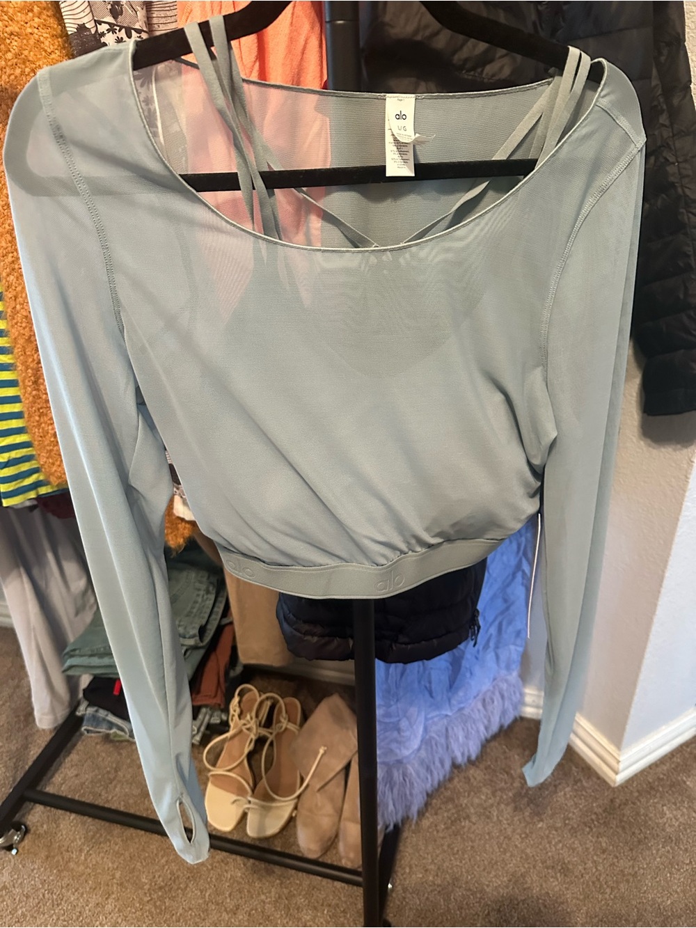ALO Yoga Pale Blue Long Sleeve Strappy Crop Top